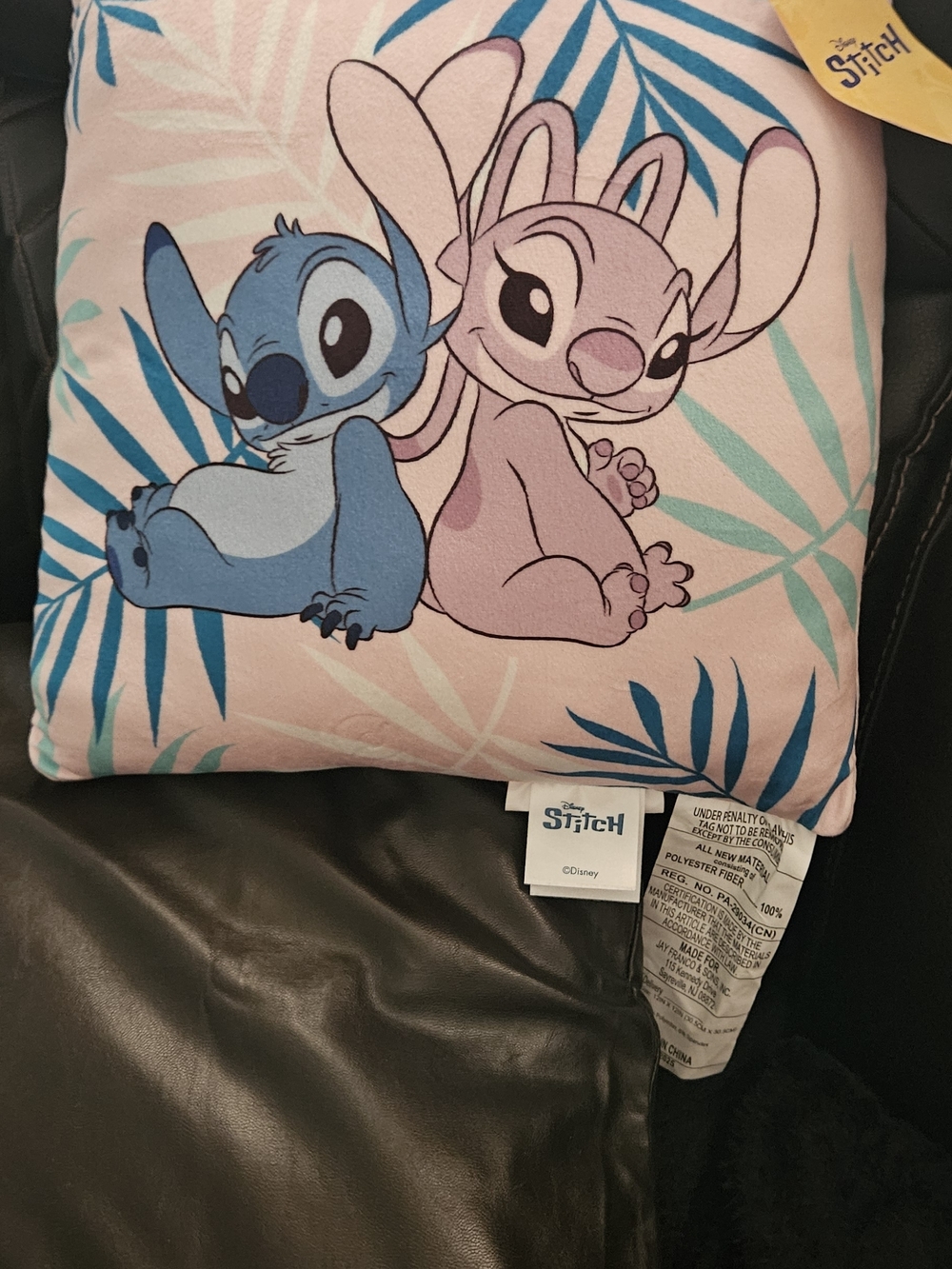 Disney Lilo & Stitch Pillow with Pink Background and Blue Character Accents